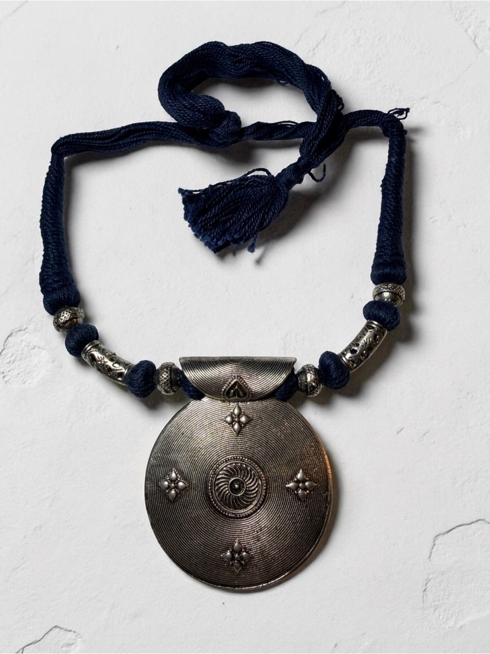 Navy Blue Cord Silver-Tone Pendant Necklace